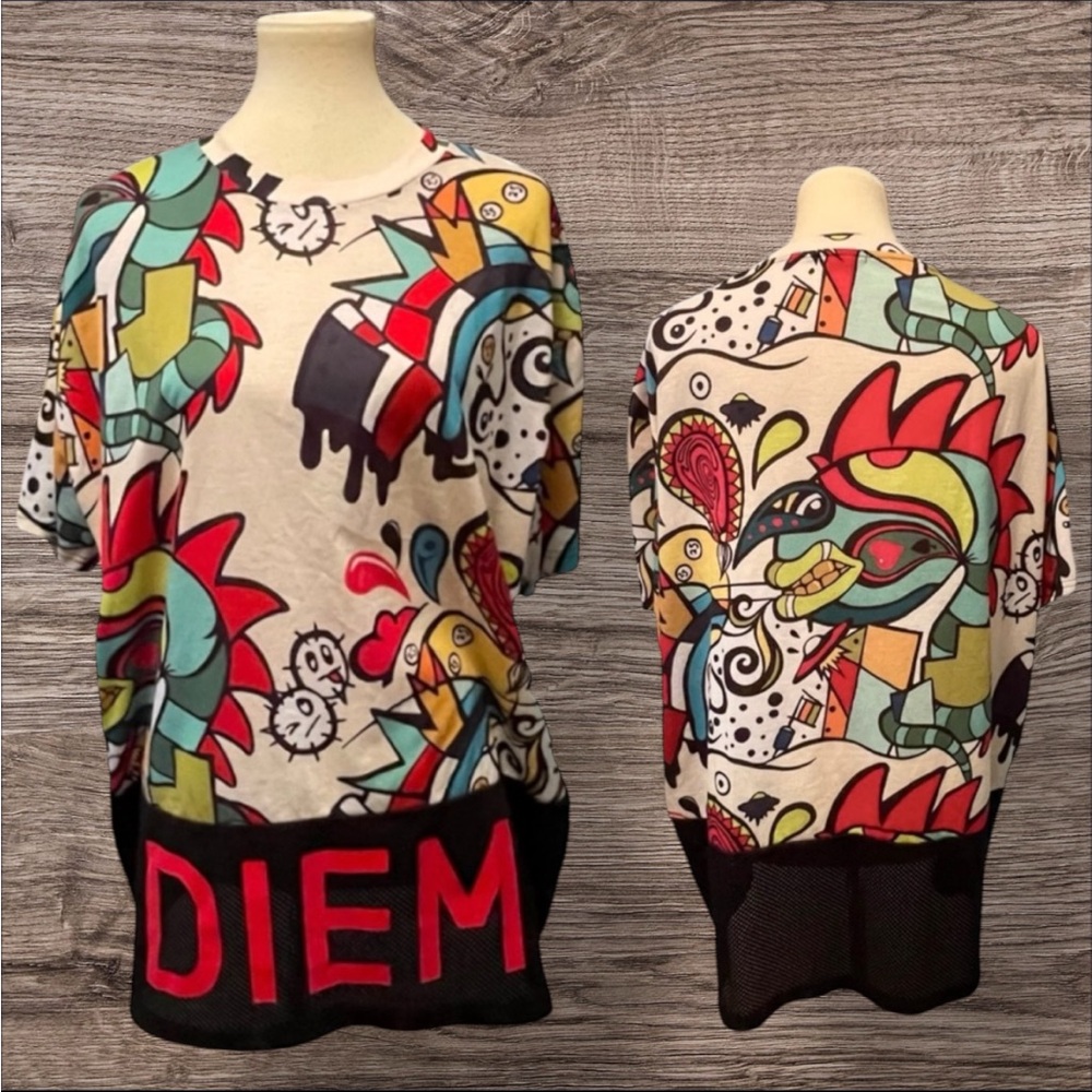 DIEM Lowbrow Abstract Graffiti Street Art Graphic White T-shirt Blk Mesh 2XL